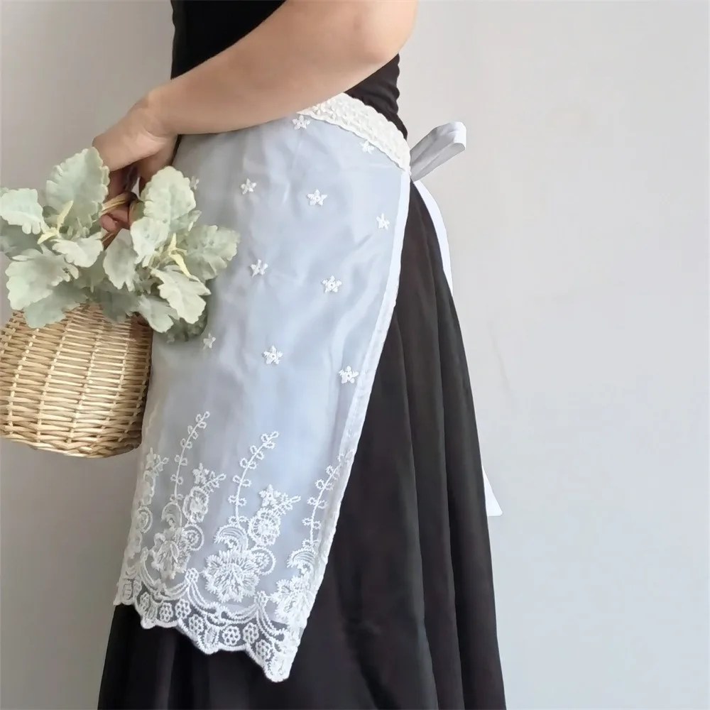 White Lace Embroidered Half Waist Apron Waterproof Cottagecore Style Kitchen Cooking Apron for Home