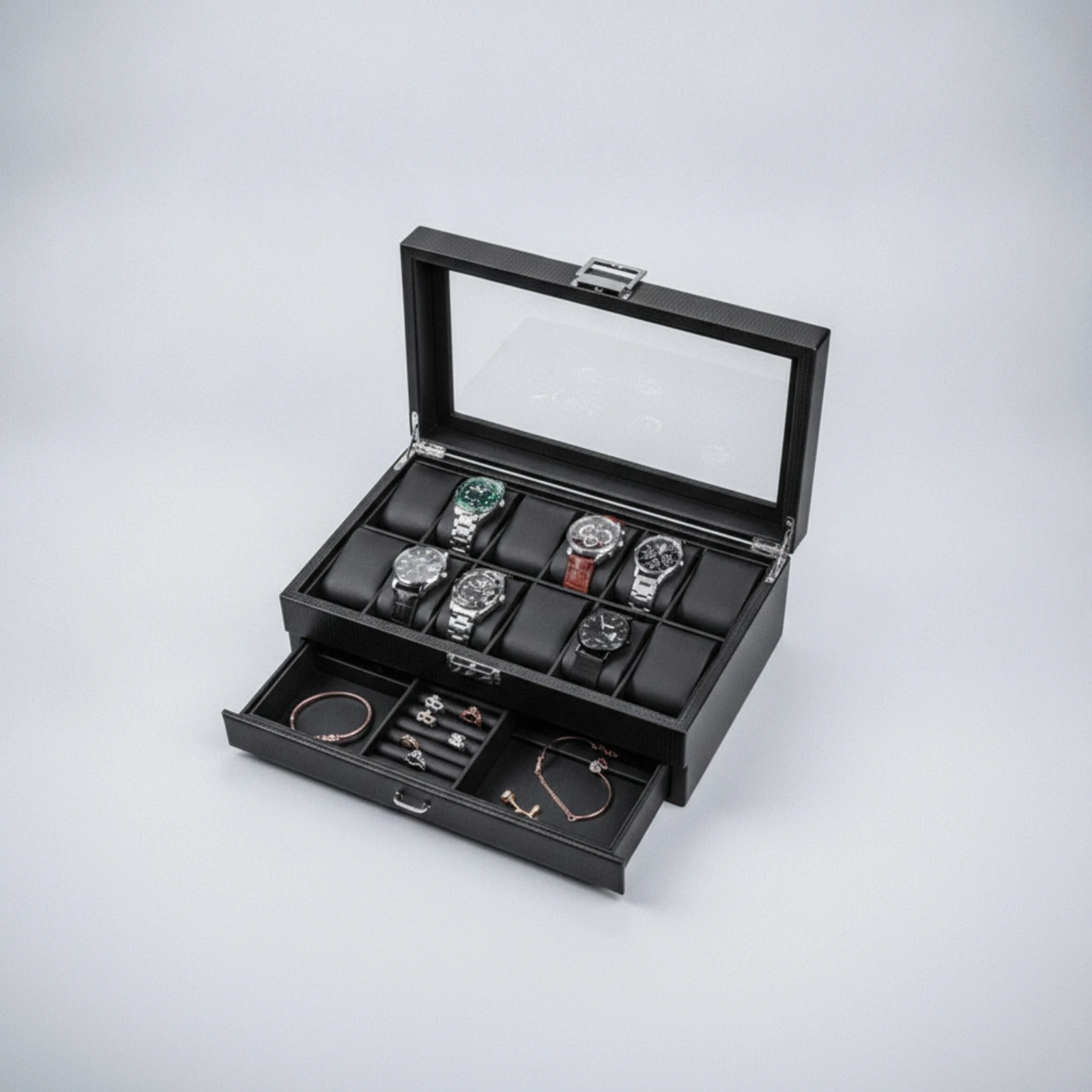 Double-Layer Watch Box Carbon-Fiber-Pattern Watch Organizer with Drawer Jewelry Organizer with Glass Lid Scratch-Resistant