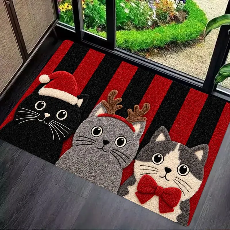 VIKAMA Xmas Tufted Doormat Striped 3 Cats Santa Antlers Bow Skid Resistant Front Door Welcome Rug Seasonal Xmas Decor Rug Decor