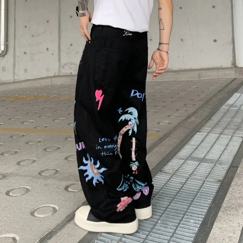 

14008 High Street Trend Джинсы Мужские с нашивками из кожи с принтом Свободные широкие брюки в стиле хип-хоп