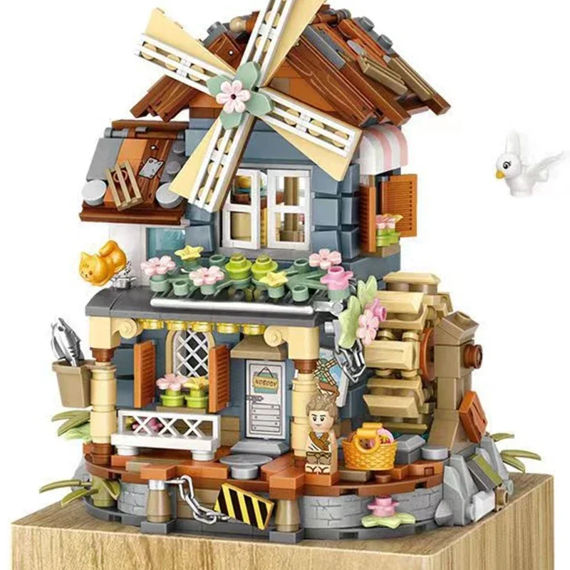 Windmill House Eight Music Box Building Block Music Three Dimensional Cabin House Model Male and Female Ancient