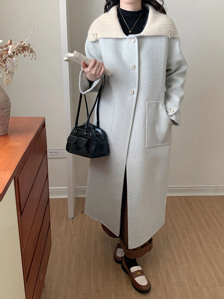 YERMORA gris épissé tricot revers décontracté manteau de laine pour les femmes à manches longues en vrac nouveau pardessus mode marée automne hiver 2025