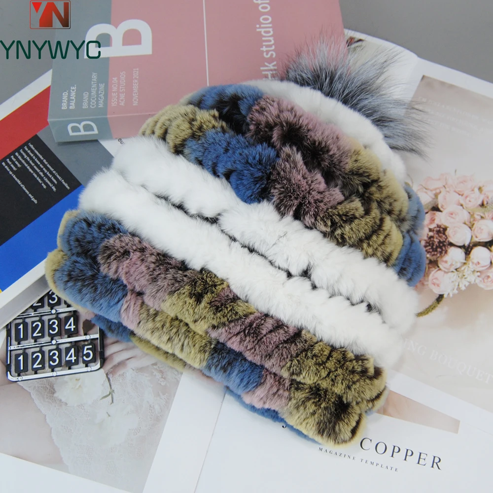 

2024 Hot Sale Winter Hat Skullies Fashion Real Fur Hats Knitted Pompom Hats for Women Beanies Solid Elastic Rex Rabbit Fur Caps