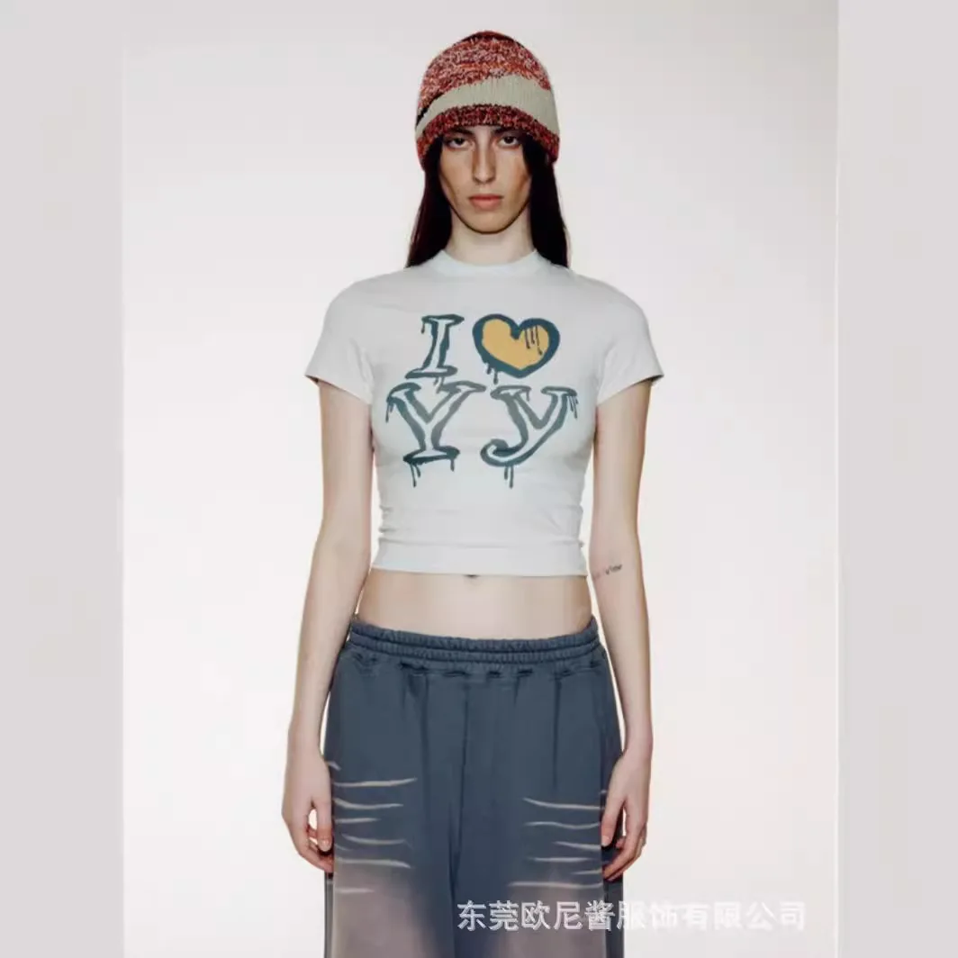 

Letter Love Print Fashion T-Shirts For Women Summer Short Sleeves Sexy Crop Tops Beige Shirts Tees Clothing