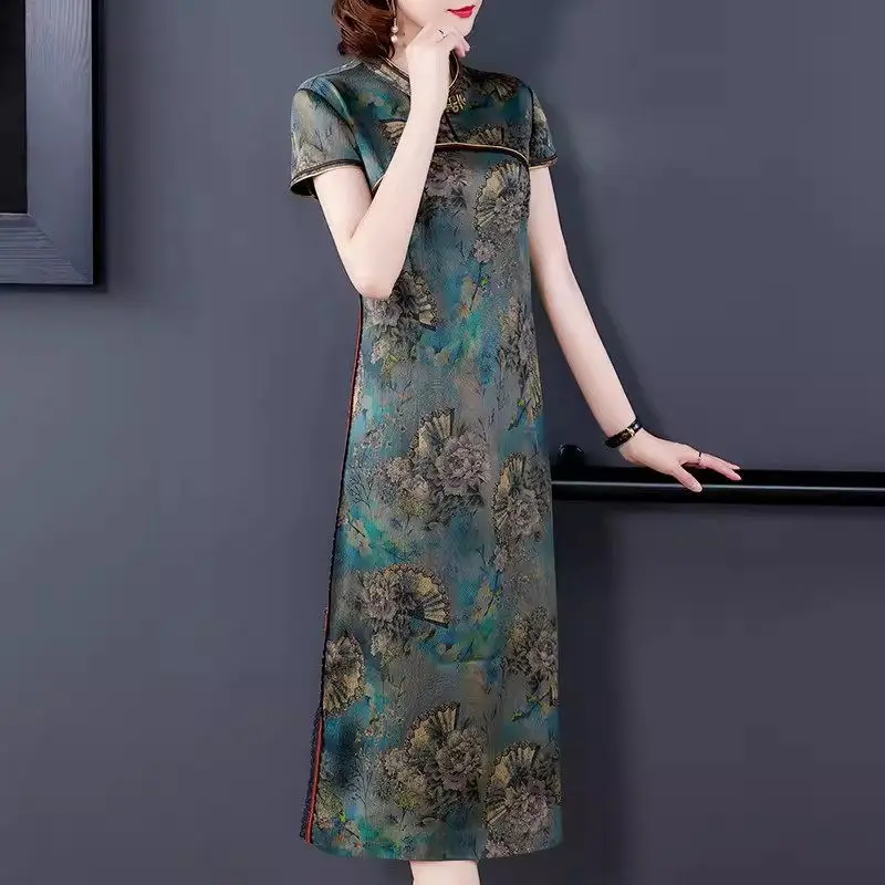 Middle Aged And Elderly Mothers Women's Clothing 2024 Summer Chinese Style Rretro Printed Cheongsam Mulberry Silk Dress K062