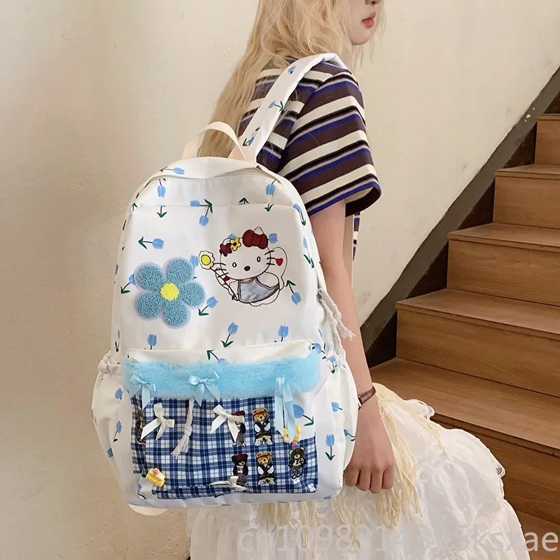 

Hello Kitty Backpack for Women Girl Nylon Fabric School Bag Kawaii Lightweight Large Capacity Cartoon Printing