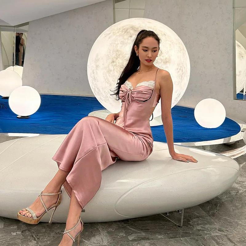 V-neck Cut Out Lace-Up Spaghetti Strap Dress For Women Summer Beach Long Dress Fashion Sexy Sleeveless Slim Gown Clothes