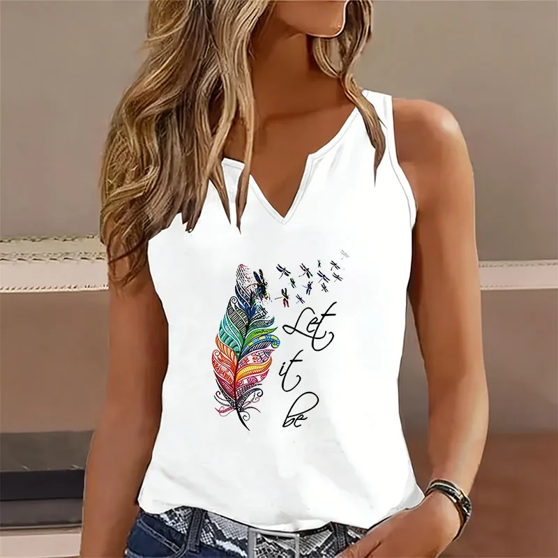 Sleeveless Tank Top T-shirt V Neck Casual Fashion Colorful Let It Be Leaf  Vest T Shirts Women Short Sleeve Tee Shirt V-Neck