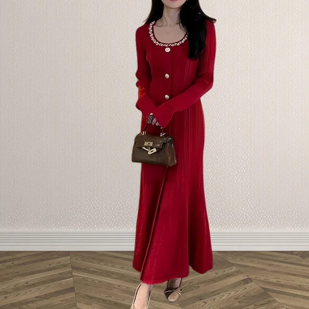 

Spring New Women's Long Knitted Diamond Embedded Sweater Dress Slim Fit Wrap Around Elegant Fashionable Casual Occasion Suitable