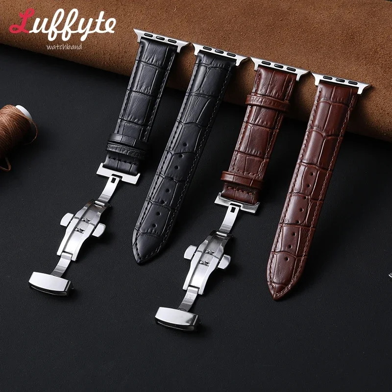 Lederarmband mit Bambusmuster für Apple Watch 1–11 Ultra SE 3 2 1, Armbanduhrenarmband für IWatch 38–49 mm mit Schmetterlingsverschluss