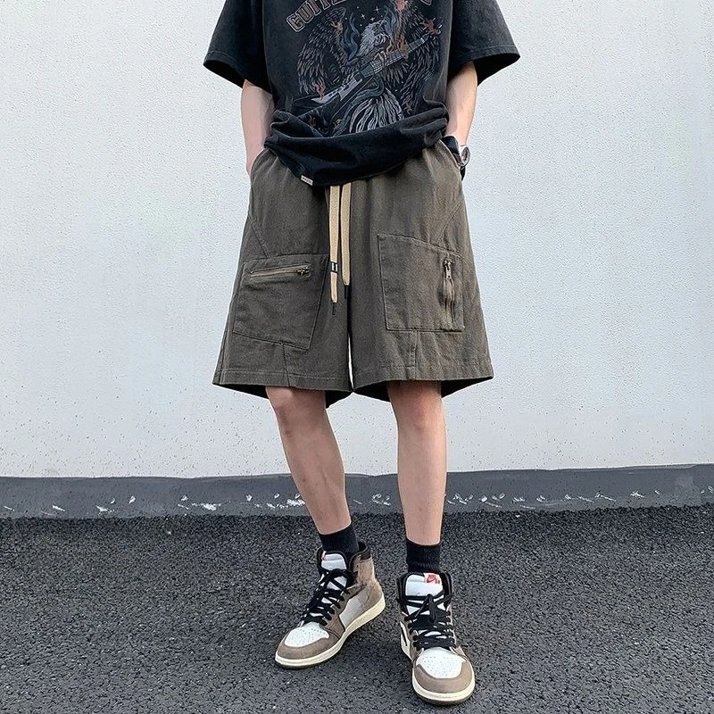 

Мужские шорты-карго, черные свободные мужские короткие брюки в стиле ретро с застежкой-молнией, хлопковая уличная одежда, популярная роскошная Harajuku, красивая винтажная одежда