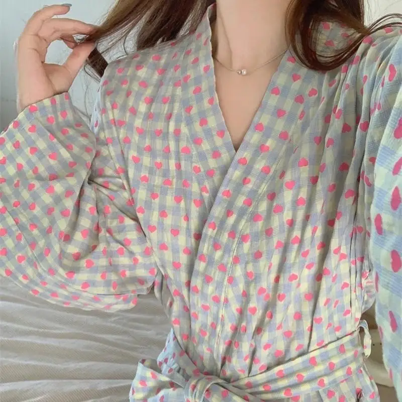 Japanese Women's Comfortable Pajama Bathrobe Autumn New Sweet Love Girl Loose Long Sleeve Long Robe Soft Skin Friendly