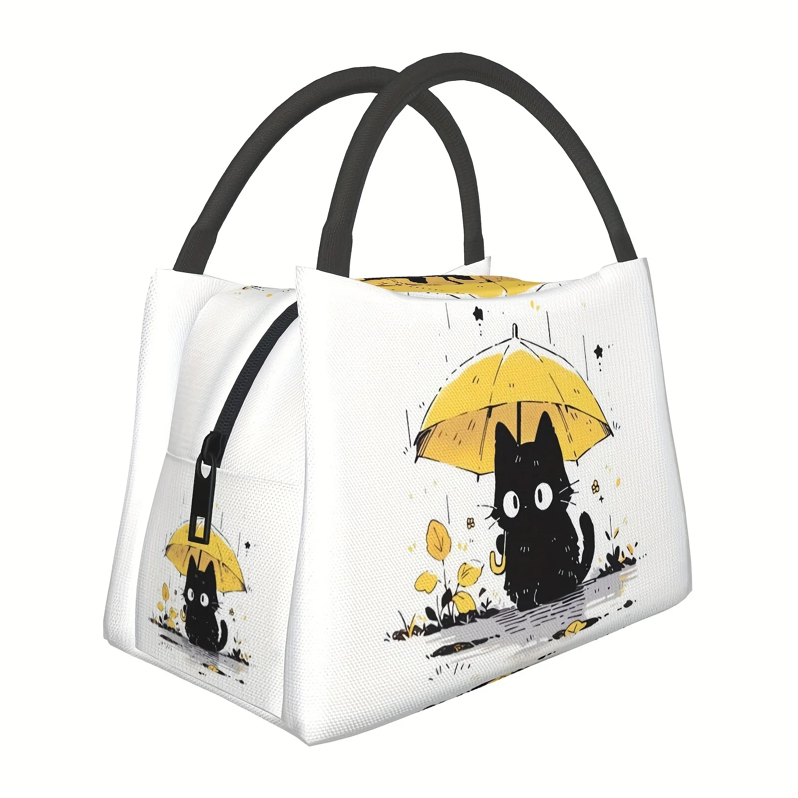 Cute Black Cat Yellow Umbrella Tote Bag Reusable Insulated Lunch Bag Perfect for Work Picnic Beach Camping Cat Lover Gifts
