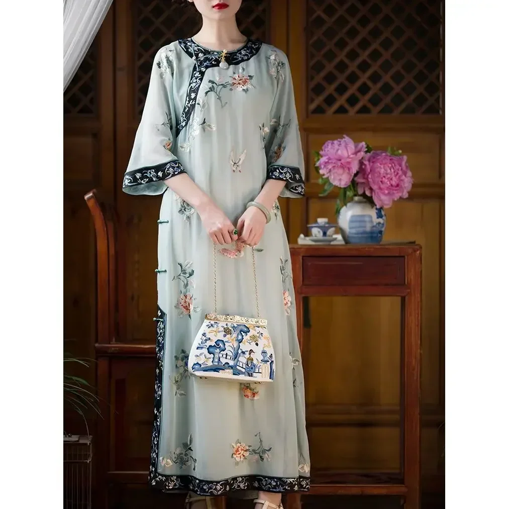 2023 Summer Elegant Round Neck Floral Printed Short Sleeved Cheongsam Qing Dynasty Dresses for Women Vietnamese Party Dress