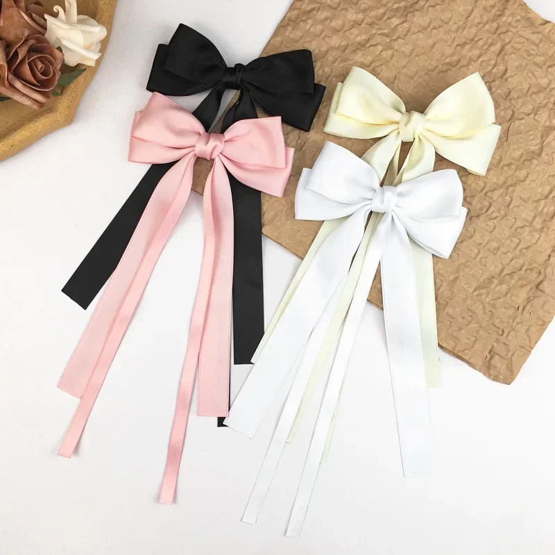 Fermagli per capelli con doppio fiocco in nastro di colore solido coreano per le donne ragazze Trendy Big Bow Long nappa Silver Barrettes Pin