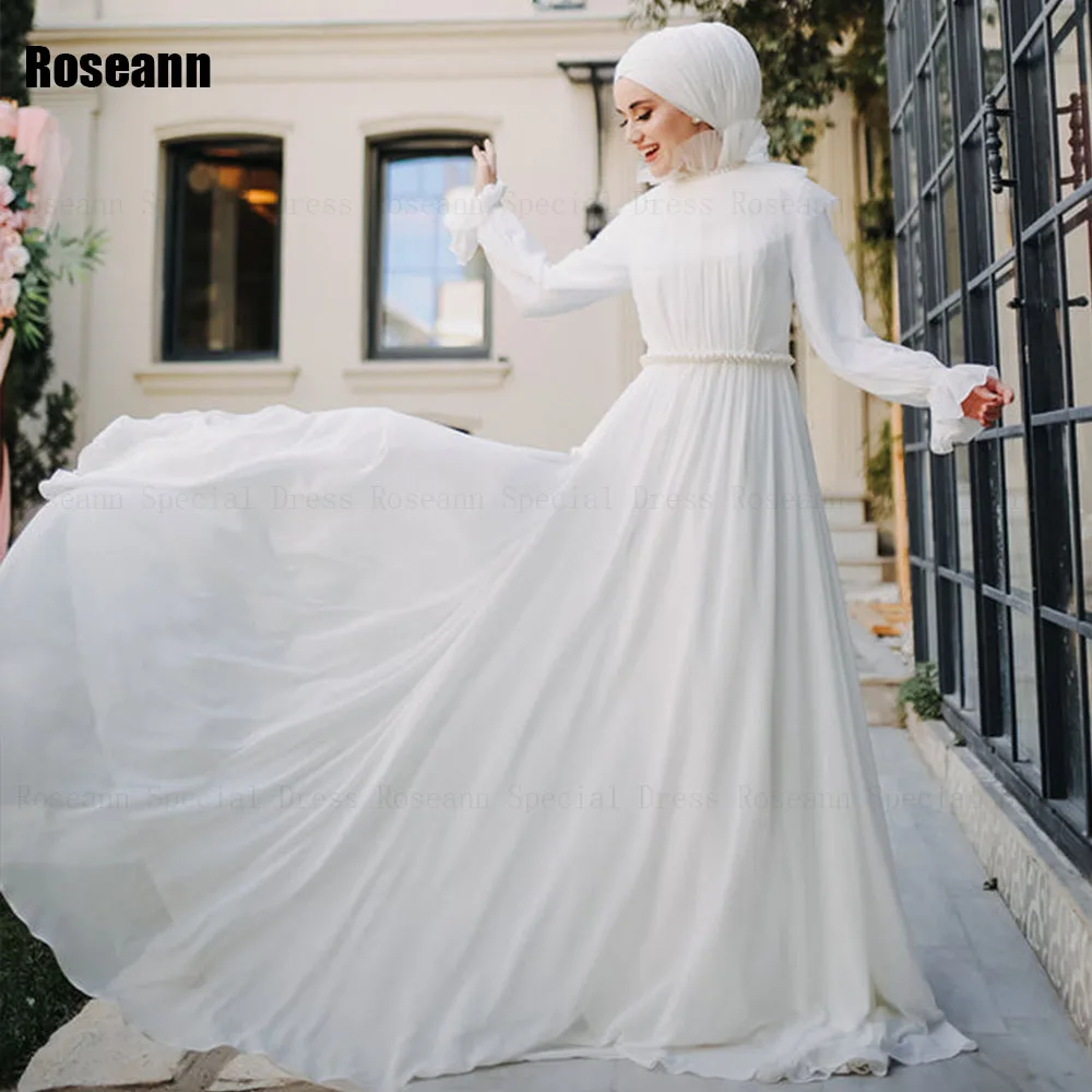 Muçulmano 2025 novo simples a linha vestidos de casamento gola alta cinto tule completo drapeado plissado até o chão vestido de noiva robe de mariée