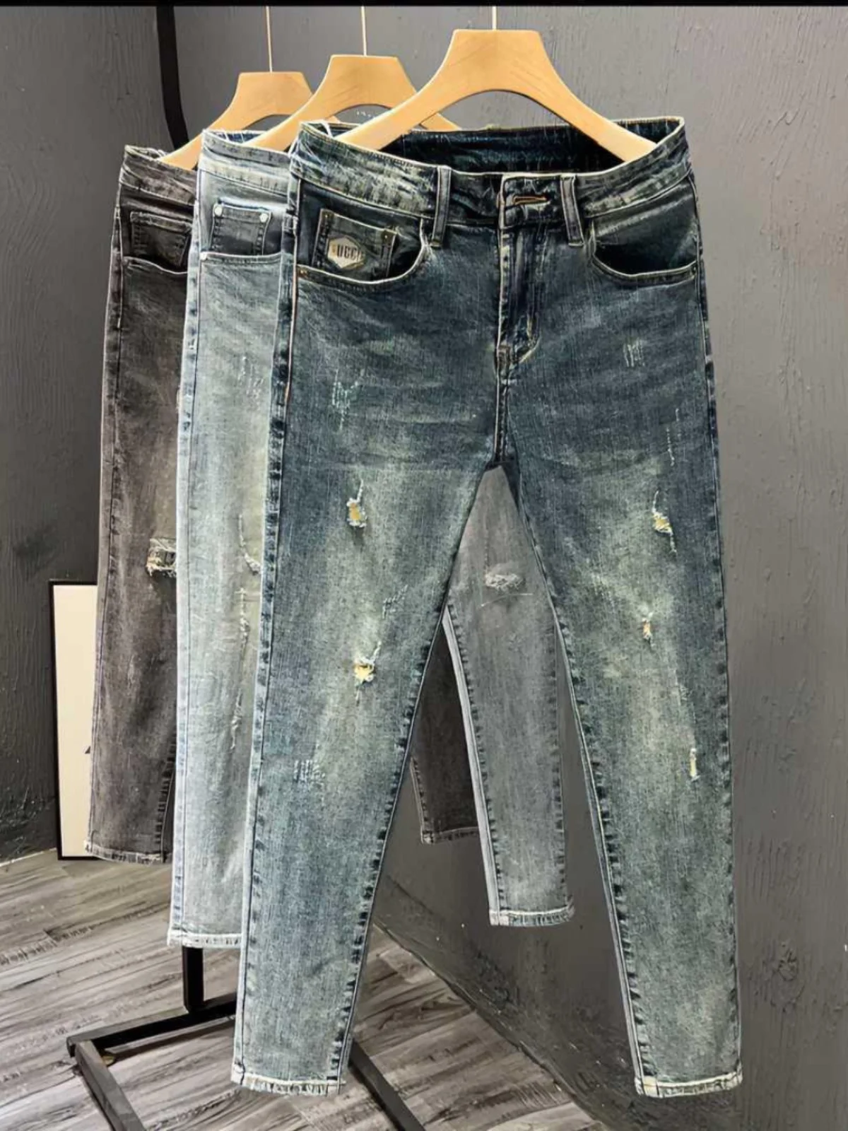 

Летние облегающие джинсы, мужские рваные повседневные брюки с высокой талией на молнии, хлопковые эластичные молодежные модные брюки с девятью точками, ощущение прохлады