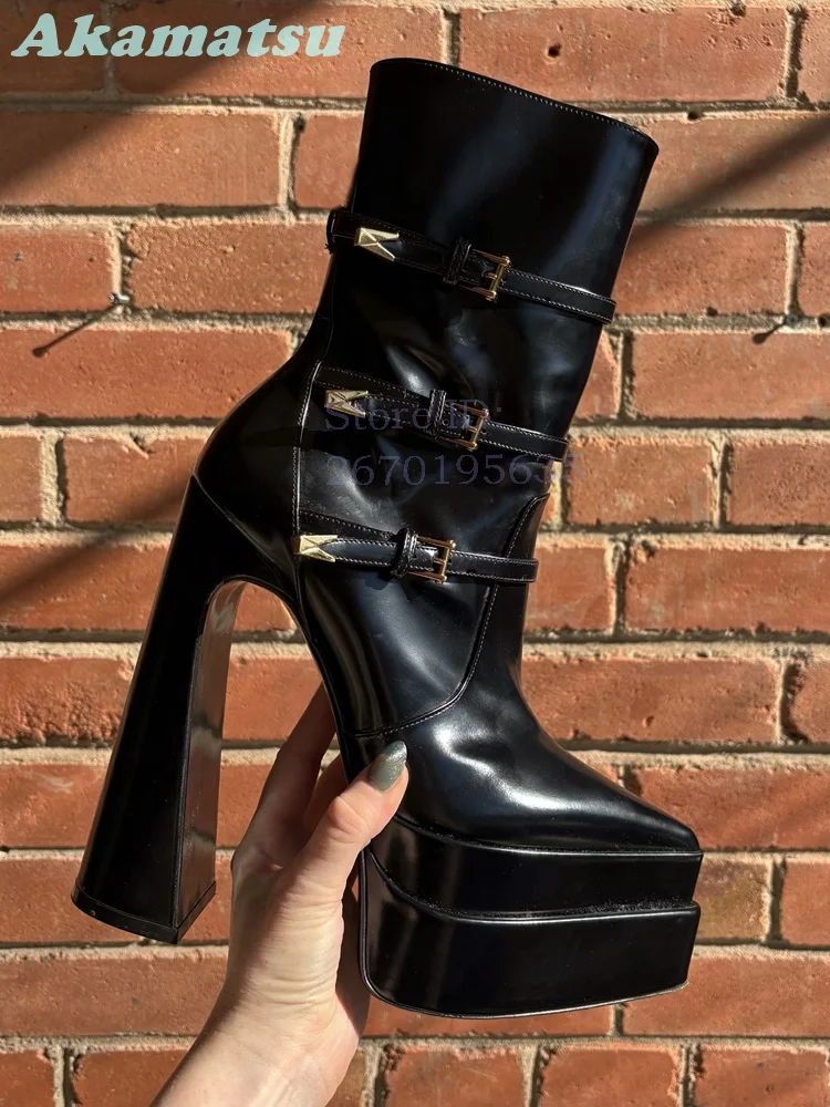 Black Triple Buckle Strap Mid Calf Boots Pointed Toe Double Platform Chunky High Heel Boots Gothic Punk Zipper Women Shoes 2026