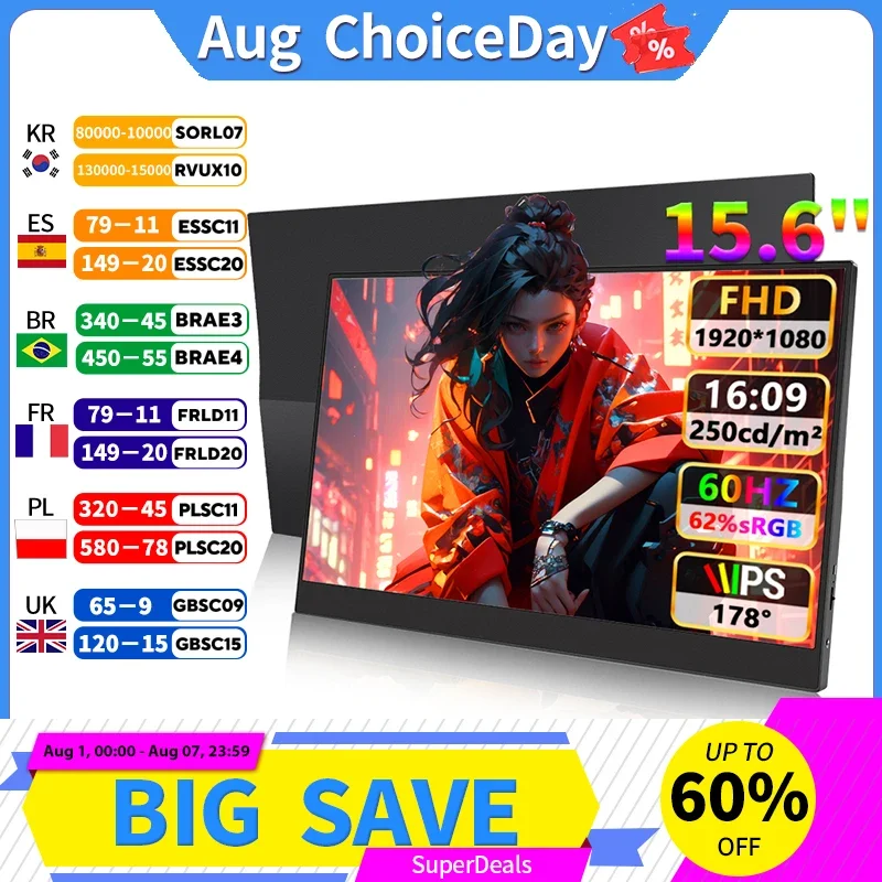 Portable Monitor 15.6'' FHD 1080P Ultra-thin gaming monitor Built-in speaker HDR Plug & Play External Monitor for Laptop PC Mac