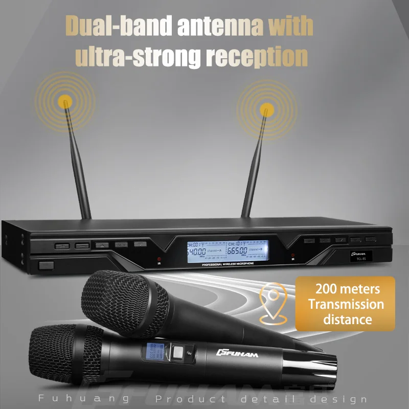 FUHAM TLC-8S ميكروفون لاسلكي 2-قناة جميع المعادن المهنية ميكروفون لاسلكي UHF مرحلة الأداء ميكروفون