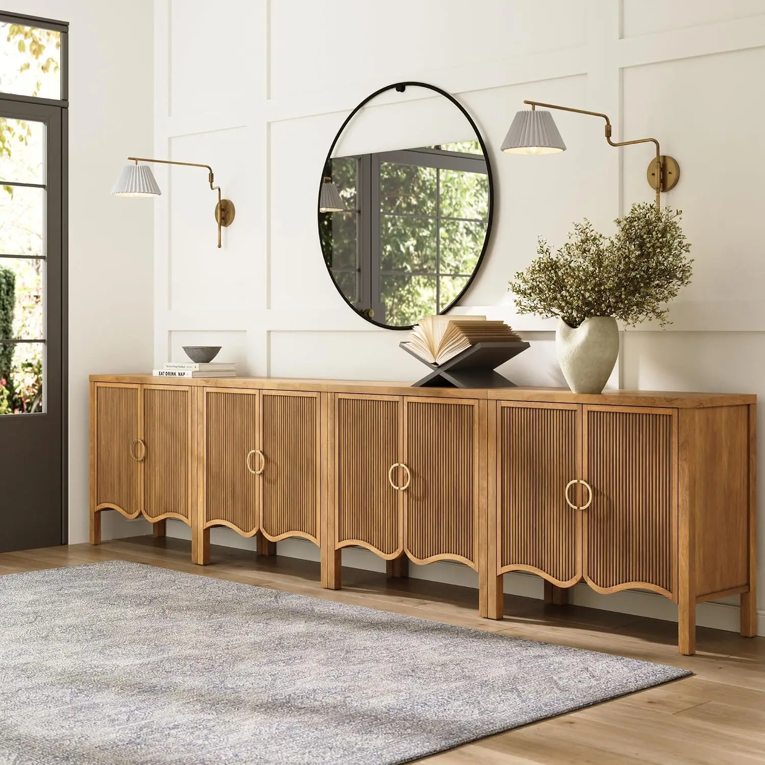Scott Transitional Fluted Accent Cabinet or Storage Cabinet for Living Room or Entryway with Solid Wood Panel, Light Brown Set o
