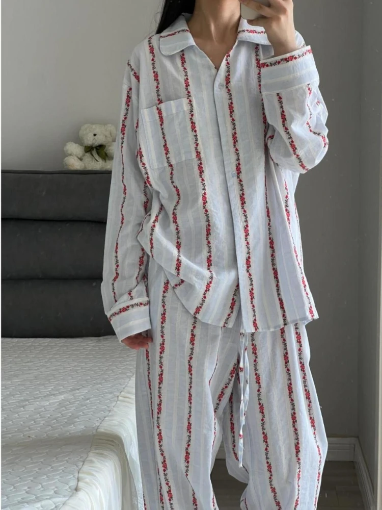 

Женская полосатая рубашка с цветочным лацканом + широкие брюки, мягкая удобная повседневная милая домашняя одежда, одежда для сна, домашняя одежда