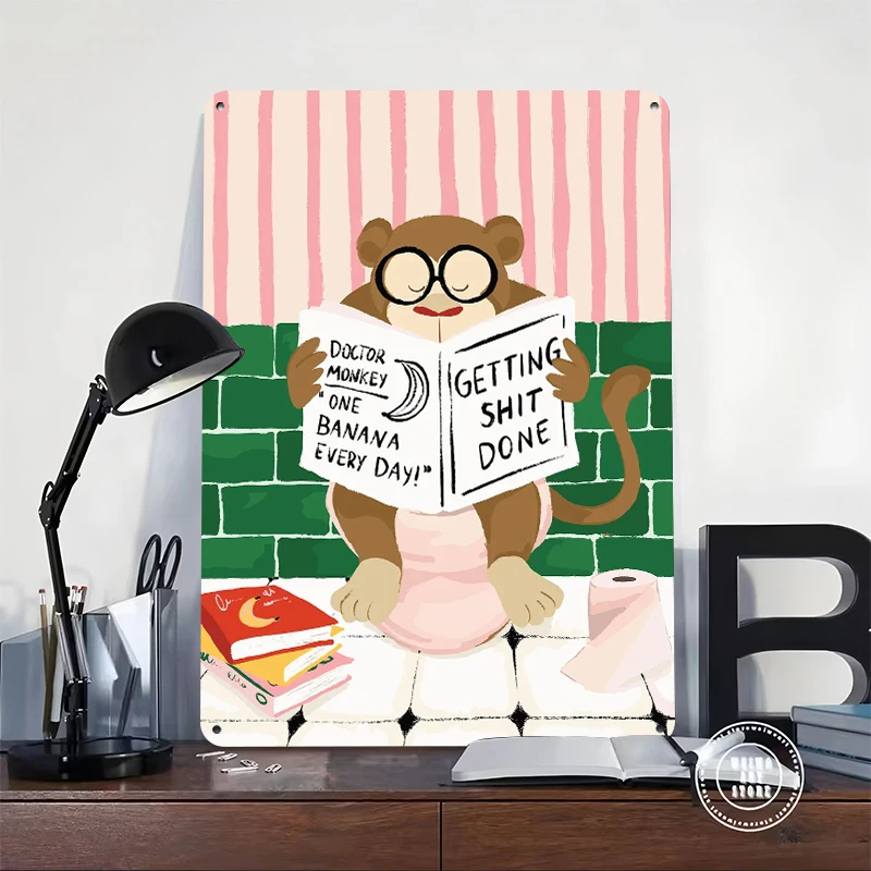 Monkey Reading a Newspaper on the Toilet Poster Customized Vintage Metal Signs Wall Art Retro Tin Plaque for Decor Room Man Cave