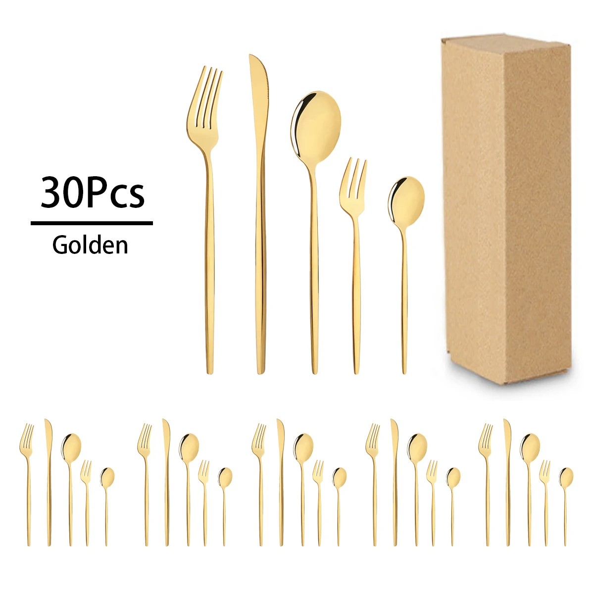 30Pcs Golden Cutlery Set Knife Fork Spoon Dinnerware Set Cake Fork Flatware Stainless Steel Silverware Party Kitchen Tableware