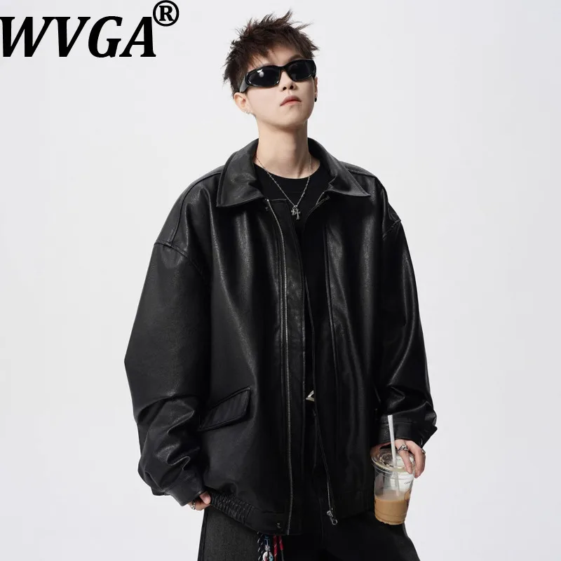 

WVGA осень-зима новая мужская модная кожаная куртка с отложным воротником Tide High Street нишевое шикарное повседневное пальто с длинными рукавами Ins W15569