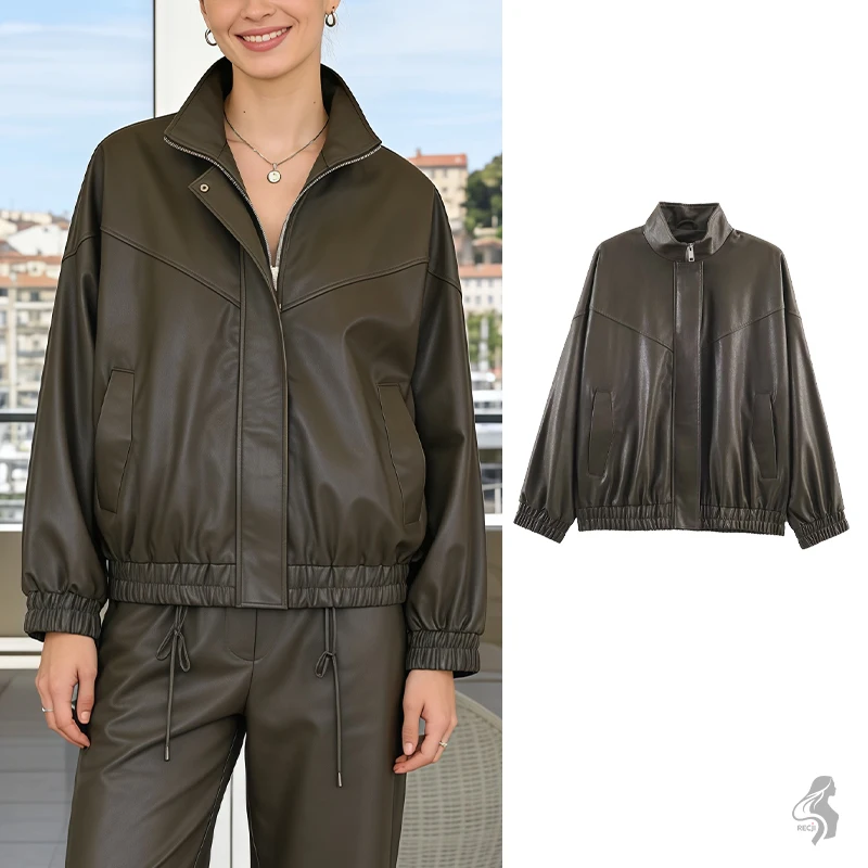 

Womens Faux Leather Stand Collar Jacket Loose Fit With Zipper Closure Elastic Cuffs And Hem Casual Commuter Coat Woman Clothes