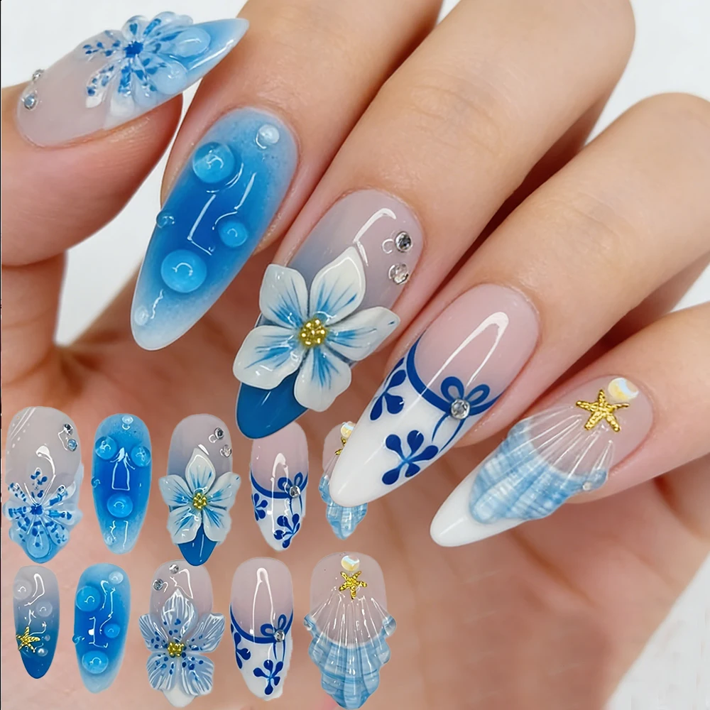 

10 шт. накладных ногтей M/S/XS с морскими ракушками, морскими звездами и цветами, 3D-бусинами, кристаллами и цветочным узором, летние, полностью покрывающие, накладные ногти #