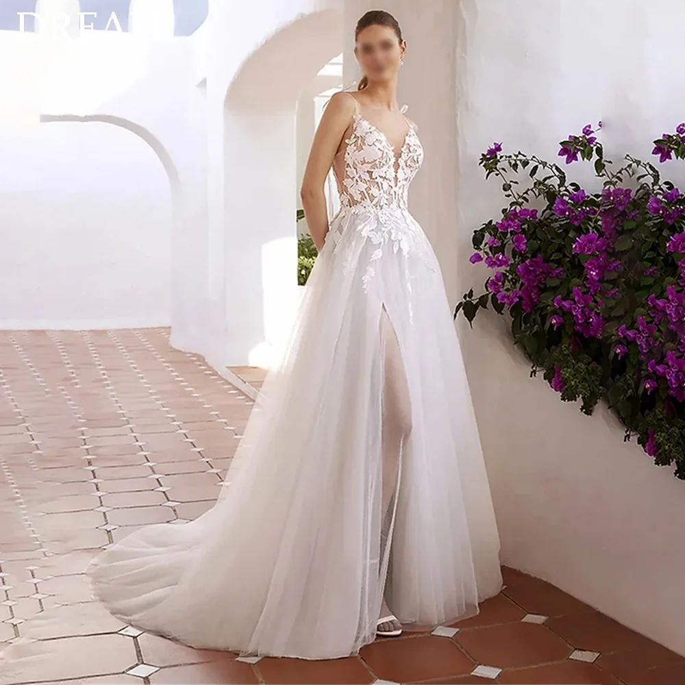 Personalizado elegante vestidos de casamento longos cinta de espaguete até o chão a linha boêmio vestidos de noiva longo praia vestidos de noiva