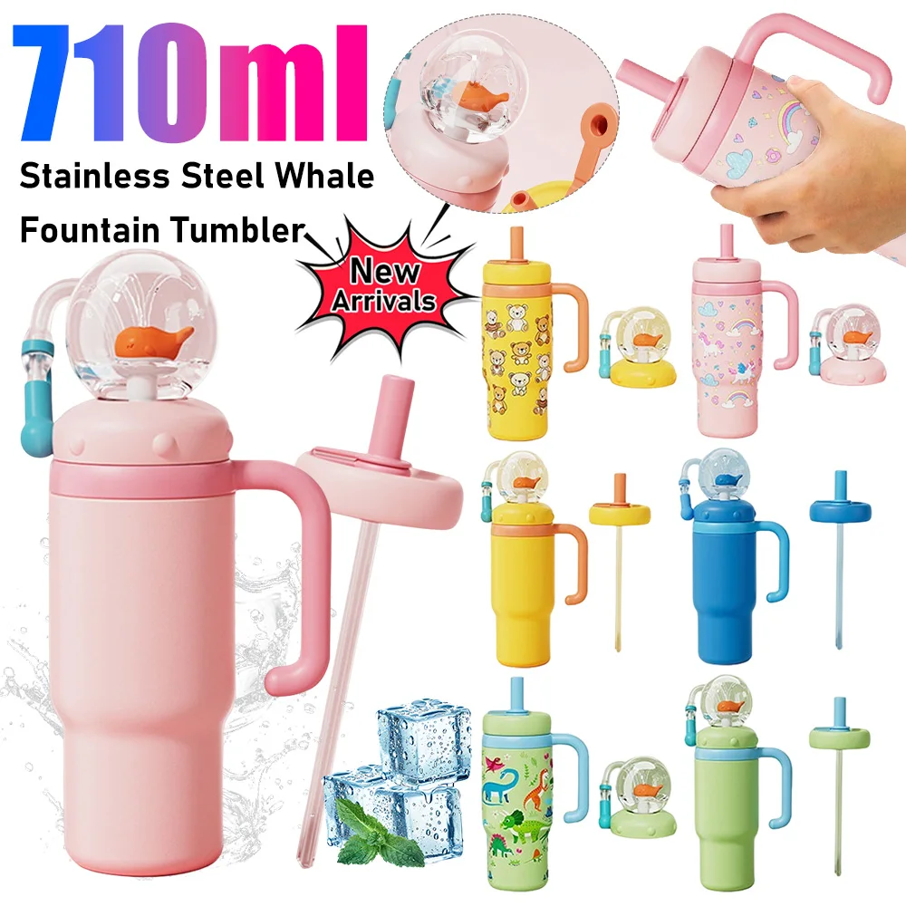 710 مللي كوب نافورة الحوت من الفولاذ المقاوم للصدأ العالمي مع مقبض أكواب مياه الحوت أدوات الشرب مثالية للمراهقين والكبار