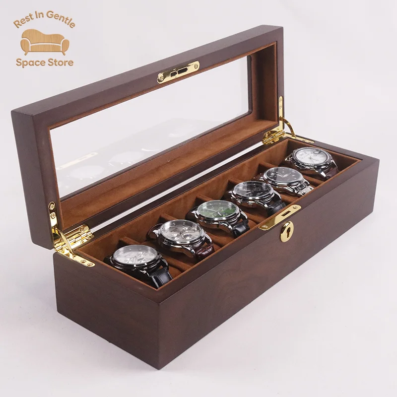 Newly arrived walnut wood grain watch storage box teak watch storage box 6 slots display box with suede seat cushion