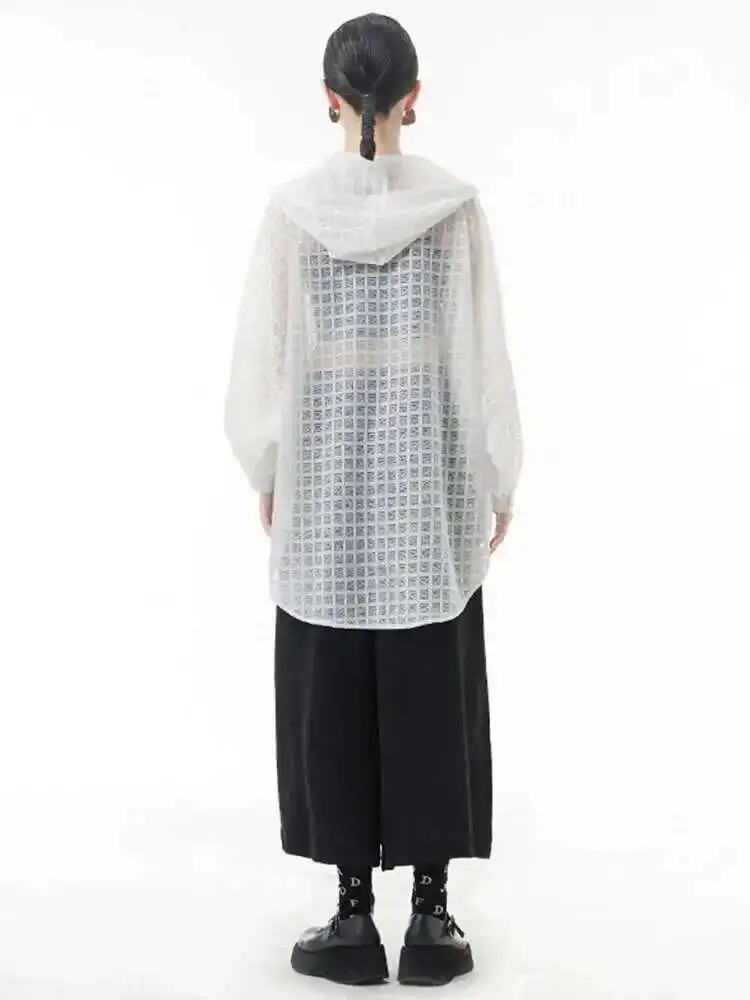 Women White Plaid Perspective Big Size Blouse New Lapel Long Sleeve Loose Fit Shirt Fashion Spring Autumn