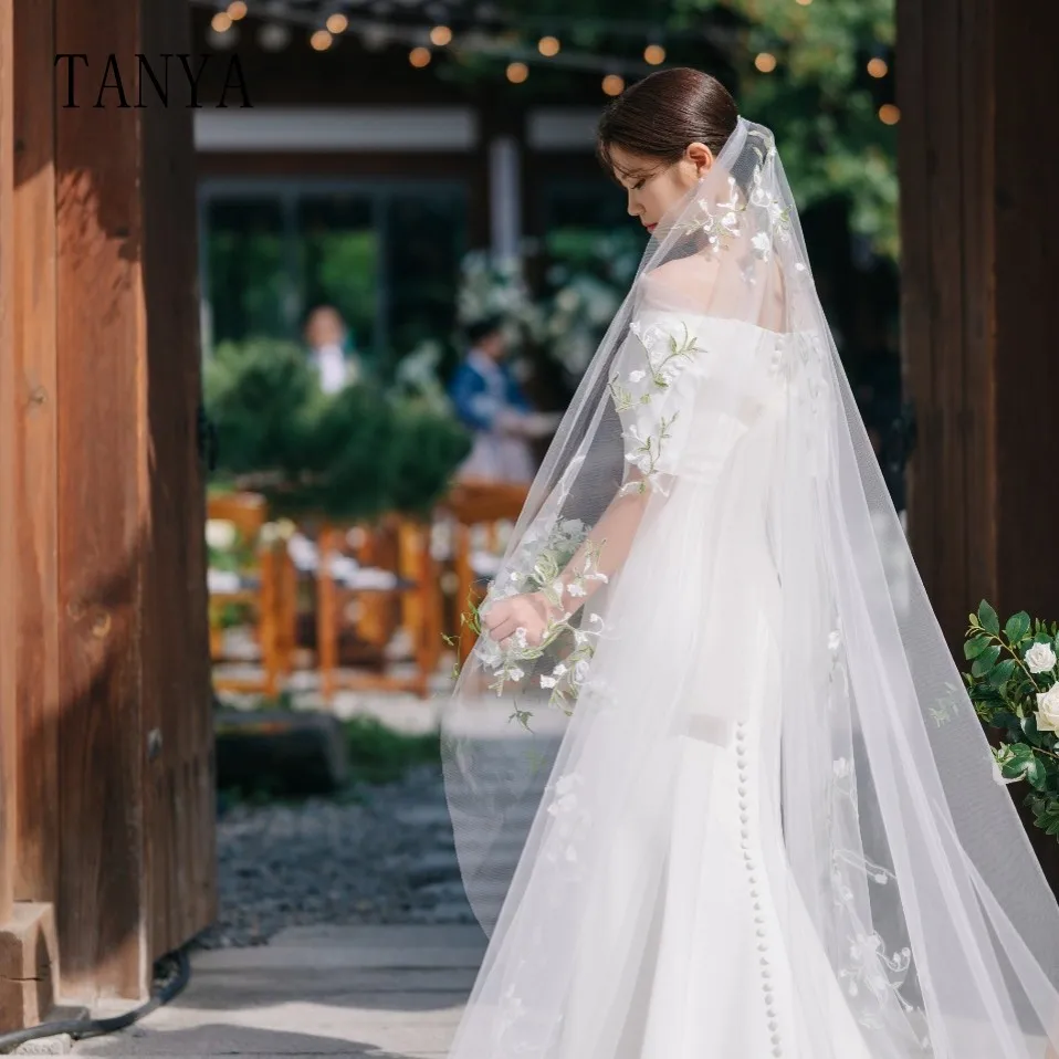 TANYA elegante vestido de novia de manga corta con cuello barco, vestido de novia sencillo de satén suave hasta el suelo, vestidos de novia de cola de barrido G4231