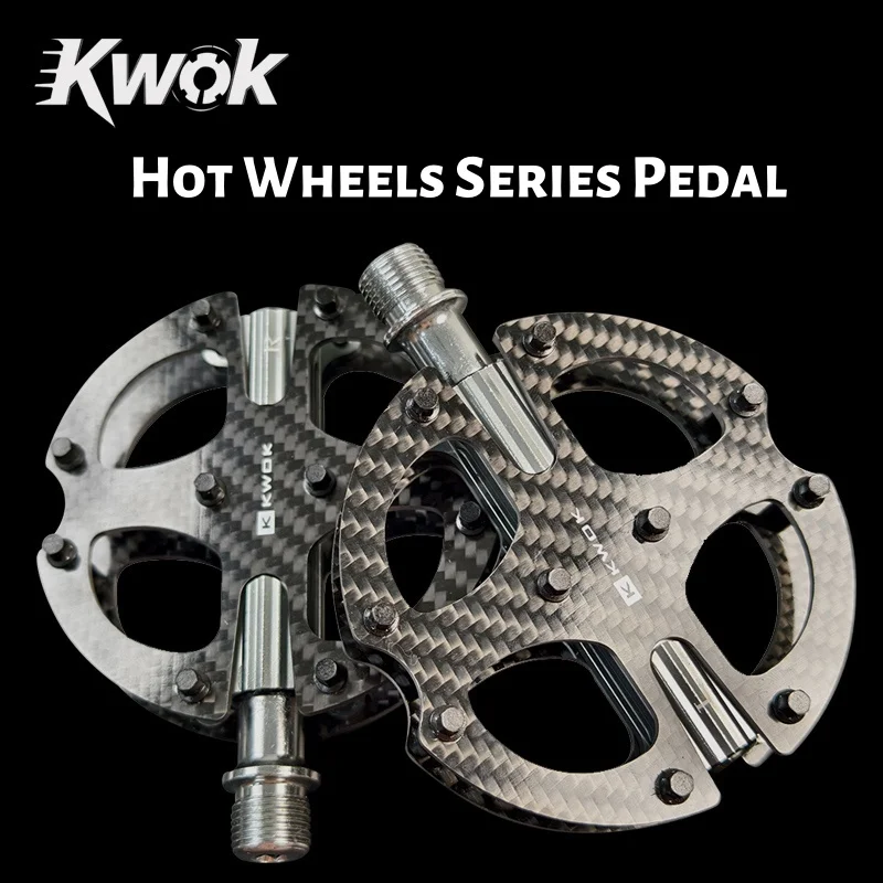 KWOK Ultra-light Carbon Bike Pedals with 20 Aluminum Grip Pins | CNC Lightweight 3-Bearing for Road/MTB | Non-Slip Round Design