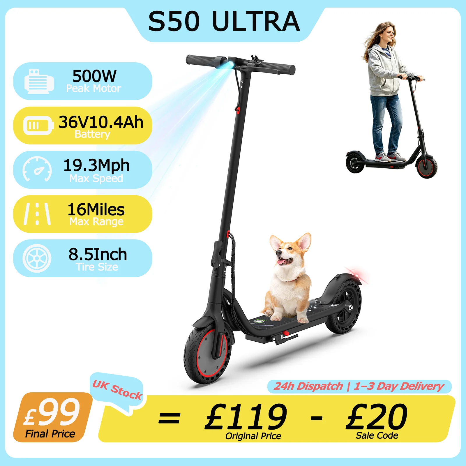 ATSANT S50 ULTRA Electric Scooter 500W powerful Motor 36V10.4Ah 16 Miles Long Range 19.3mph 8.5Inch Foldable Commuter AOVOPRO Scooter with App EScooter UK Stock