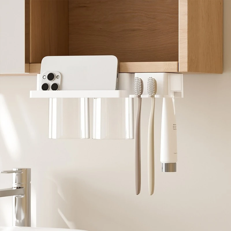 4 in 1 Bathroom Toothbrush Holder, Phone Stand, Cup & Facial Wash Storage, Mirror under Counter Organizer, Dental Kit Rack