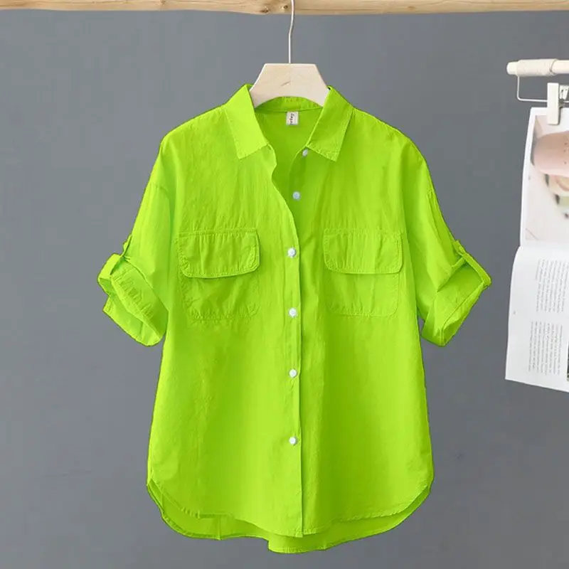 

Double Pocket Short-sleeved Shirt Female 2026 Summer New Coat Ladies Korean Design Sense Jacket Loose Thin Outerwear Woman Tops
