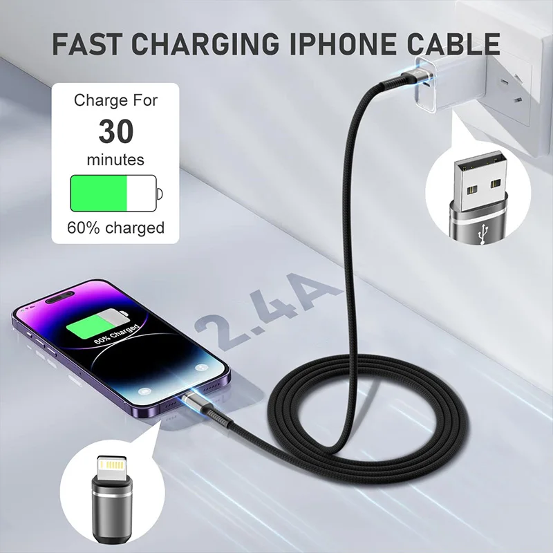 MFi Certified Nylon Braided Fast Charging Cable for Iphone 14 Plus 13 Pro Max 12 11 XR XS 2.4A USB Lightning Super Charge Line - náhled 4