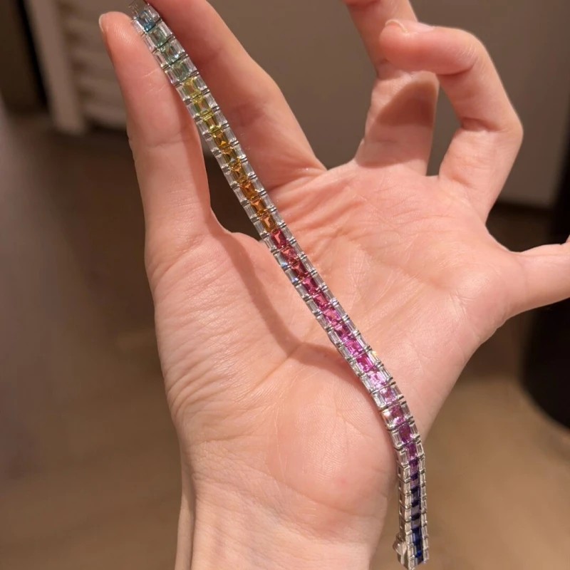Bellux 925 Silver Rainbow Lab Grown Colored Gemstone Tennis Bracelet For Women Gradient Multicolor Sweet Girls Party Bracelet