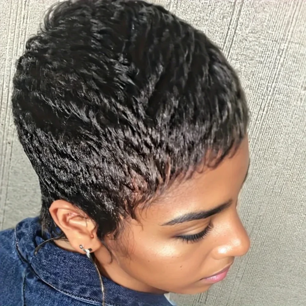 150% Density 4Inch Pixie Cut Curly Wave Human Hair Wig for Women Full Machine Made Wig for Daily Wear and Party