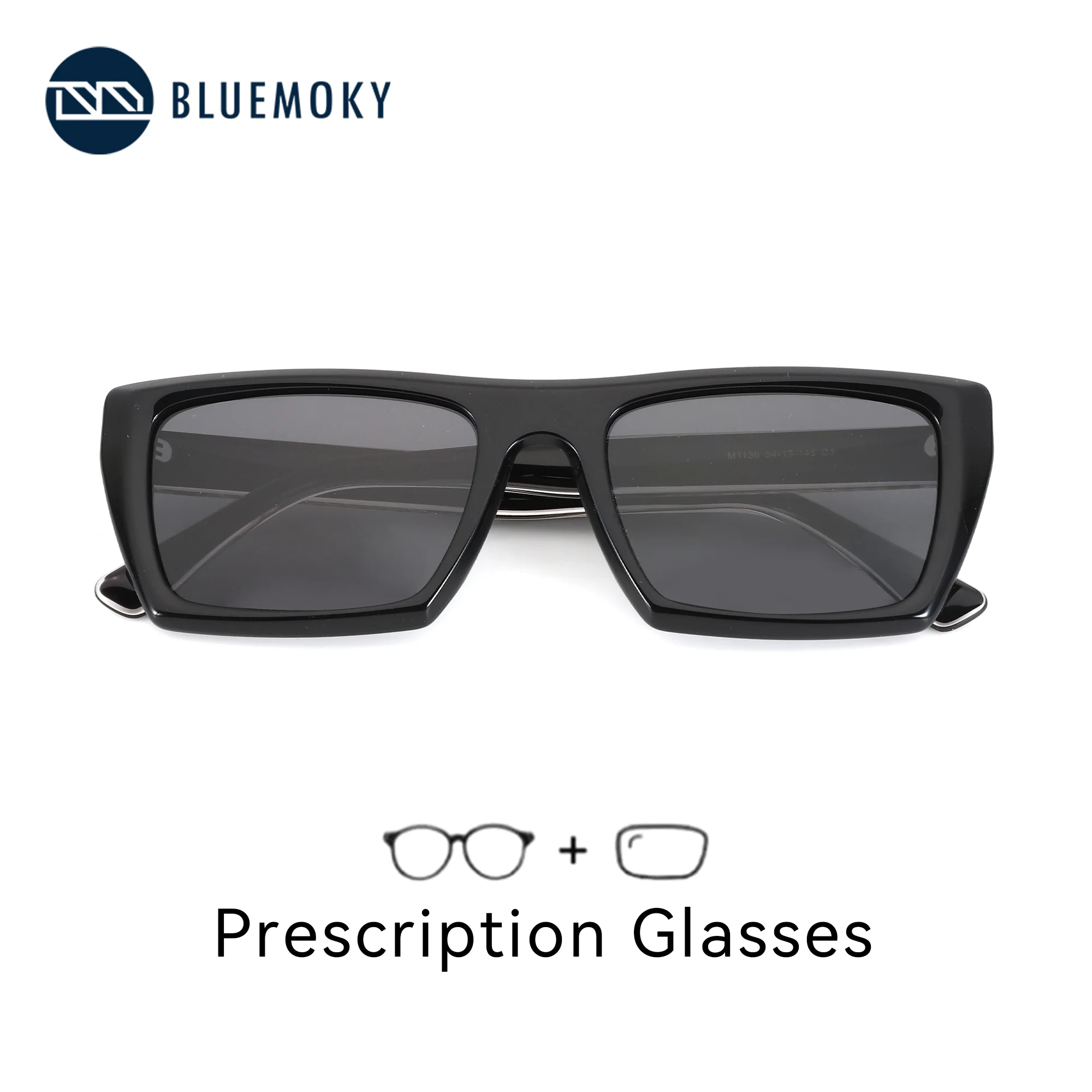 

BLUEMOKY M Size Thick Acetate Frame Sunglasses for Men Prescription Polarized Lenses Square Shape UV400 Durable Sun Glasses