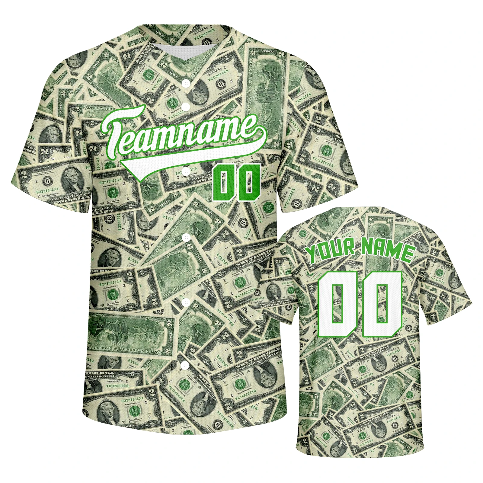

Custom Baseball Jersey Dollar Pattern Personalized Baseball Shirt with Team Name Number Green Hip Hop Street Wear for Adult Kids
