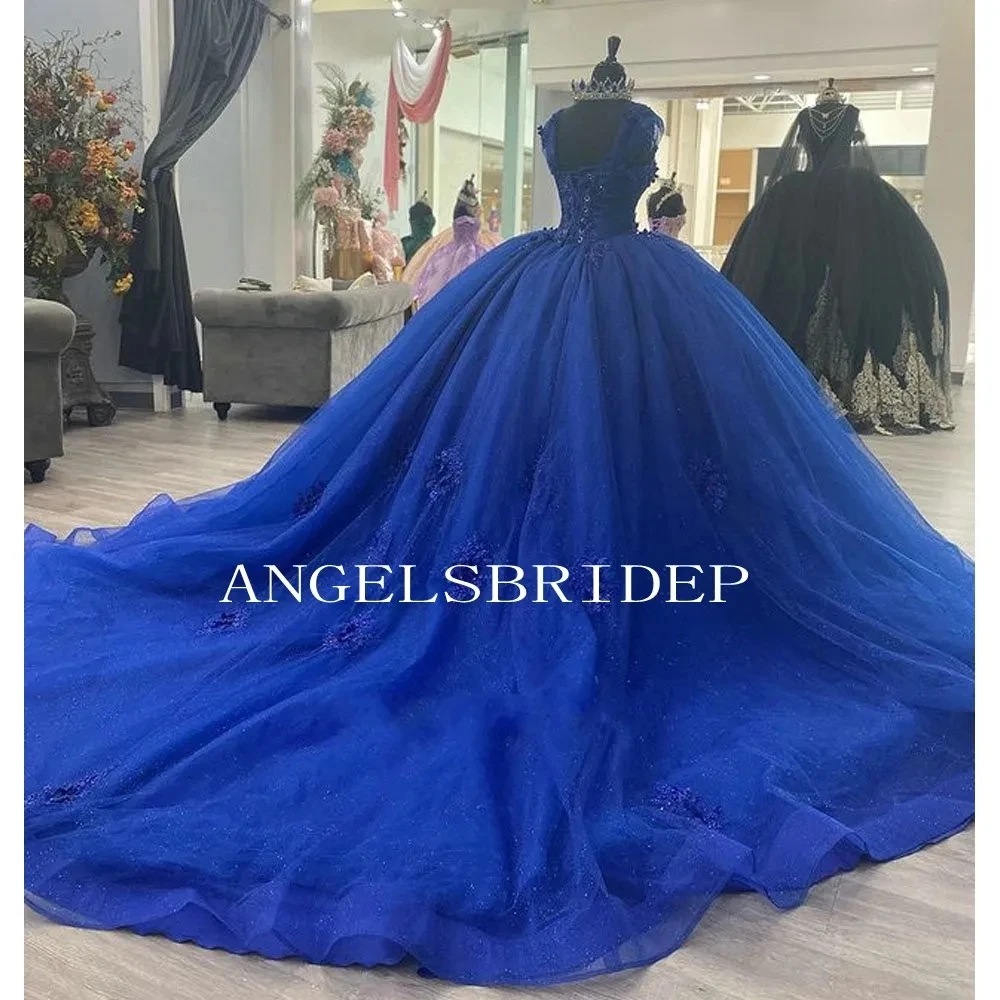 Angelsbridep-Brilhante Royal Blue Vestidos Quinceanera, flores 3D, apliques de renda, festa de aniversário, 15 anos