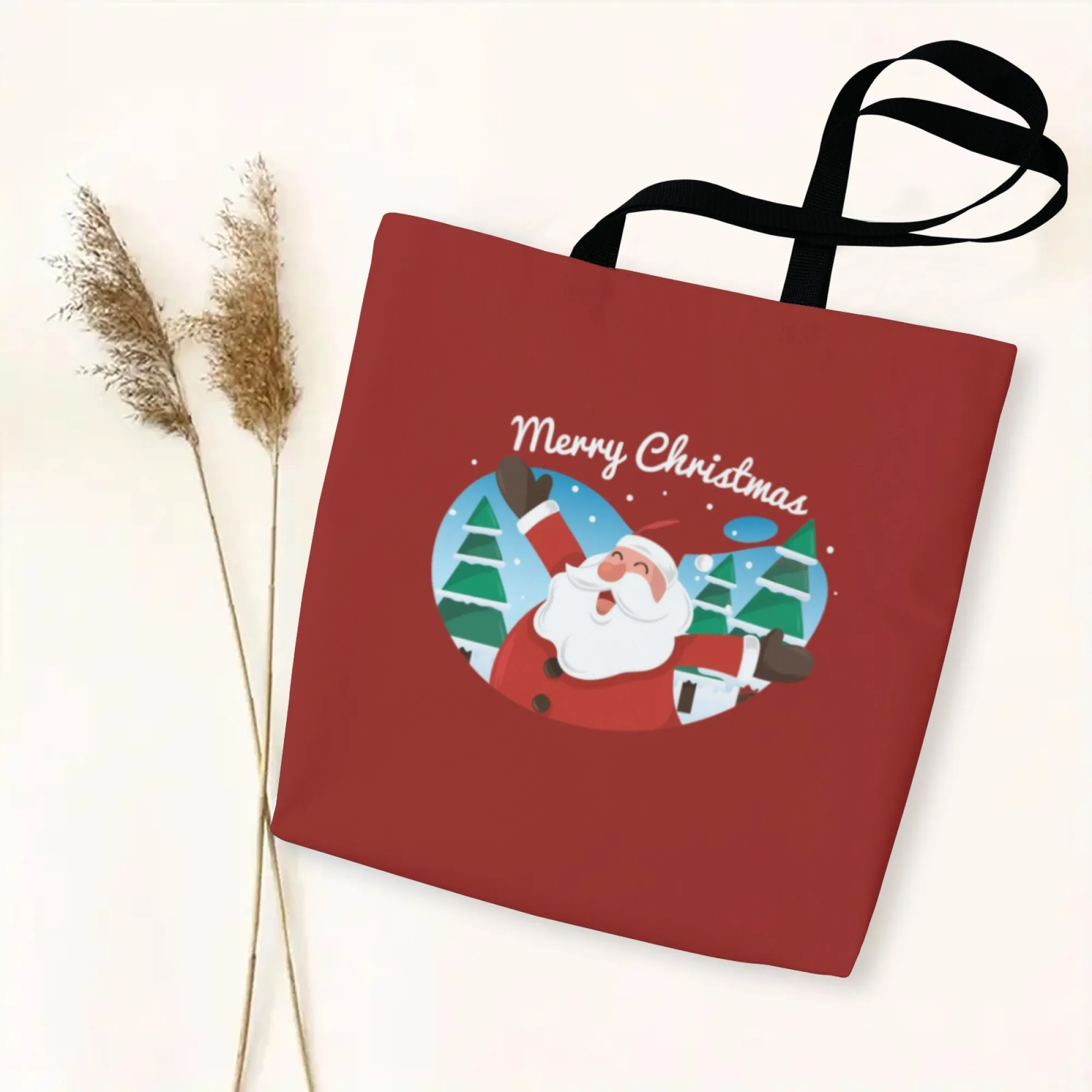 Christmas Style Canvas Tote Bag Red Santa Design Shoulder Bag for Women Large Reusable Suitable for Daily Commute Shopping