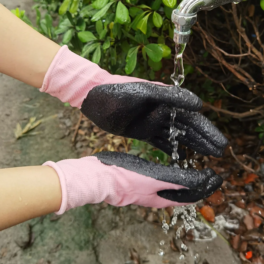 Pink Women Gardening Work Gloves, Latex Rubber Palm Coated, Dirty/Small Plant Thorn Resistance Palm, Dexterity, Abrasion, Grip