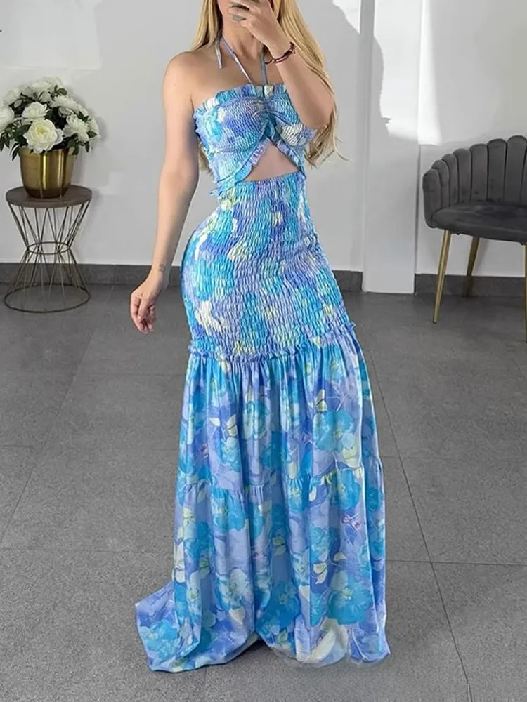

Sexy Printed Long Tail Fibone Dr Ne Hanging Waist Exposure Full Length Evening Gown for Women Summer 2025 Polyester