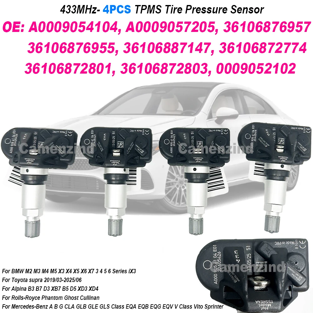 

4 шт., 433 МГц, датчик давления в шинах TPMS A0009054104 A0009057205 A0009052102 0009054104 для Mercedes-Benz A B-CLASS W177 CLA GLB